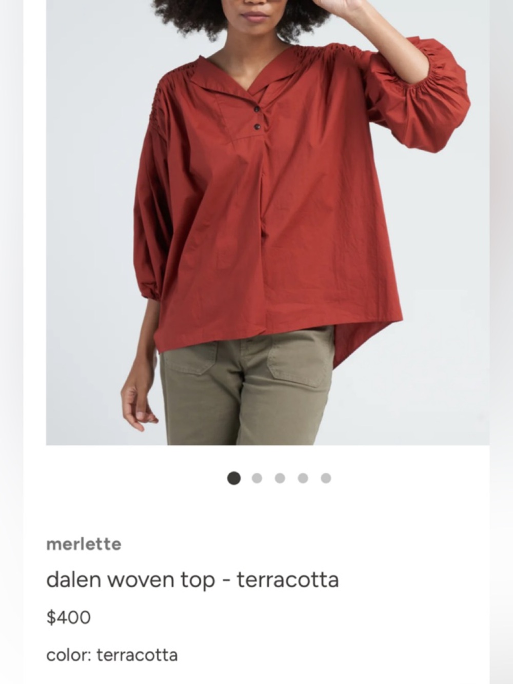 Merlette Dalen Top M Terracotta Pima Cotton Smocked Yoke Pleated Sleeve Blouse - Picture 3 of 9